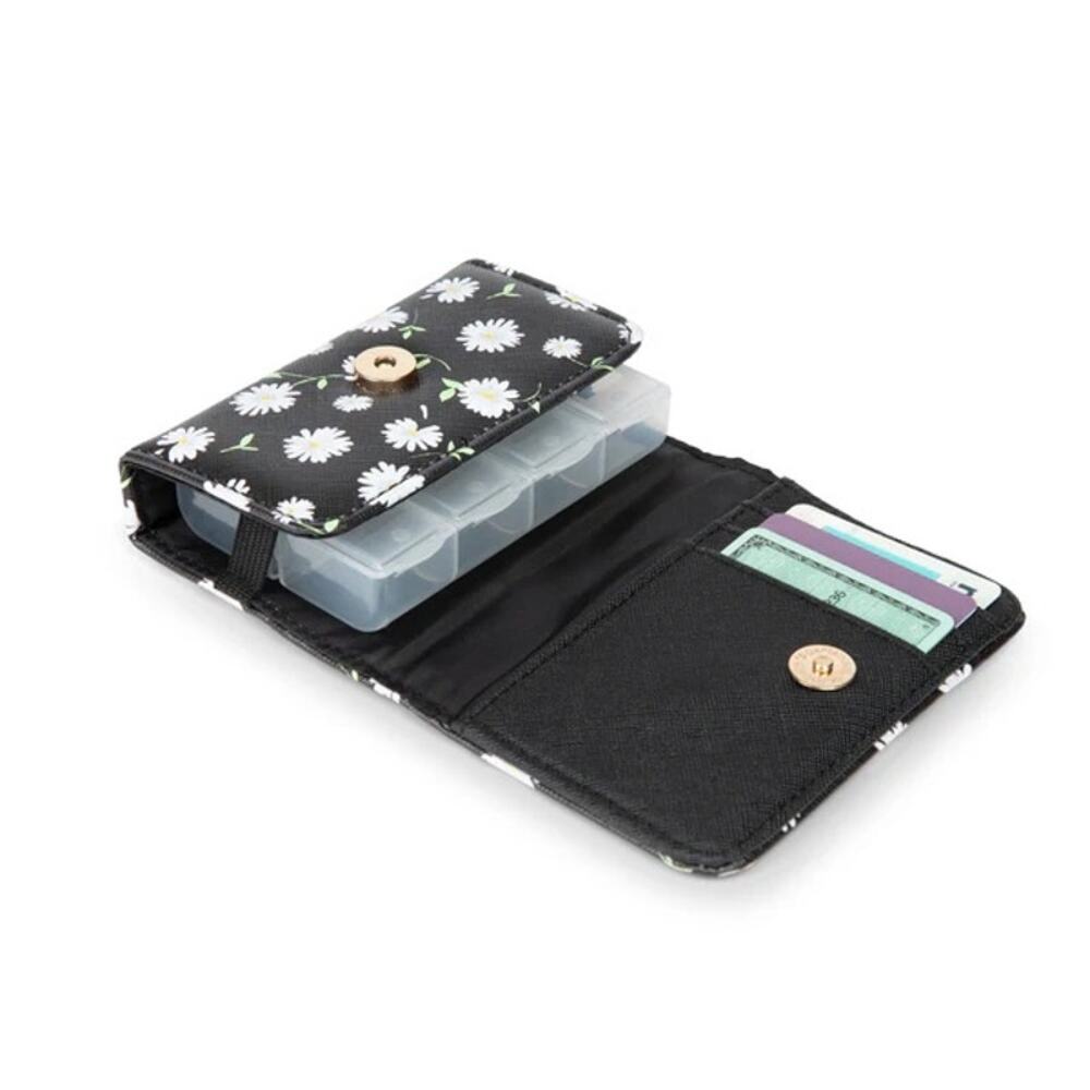 Women's Snap Pill Case - Black Daisy Ditsey Floral Travel Vacation Meds Health